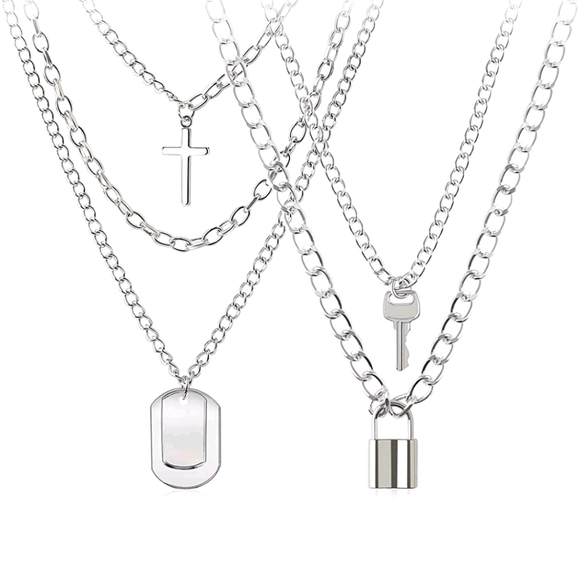 Chain Necklace Egirl Eboy Lock cross key 5 layers - Picture 3 of 13